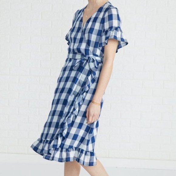 Amour Vert Gina Blue Check Midi Wrap Dress Size L/12 - Picture 2 of 5